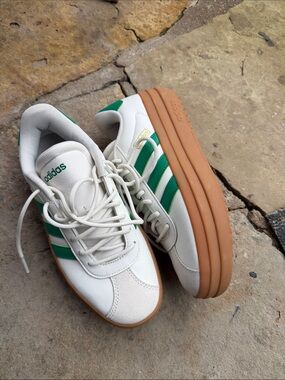 adidas women shoes White & Green Platform Sneakers with Gum Sole